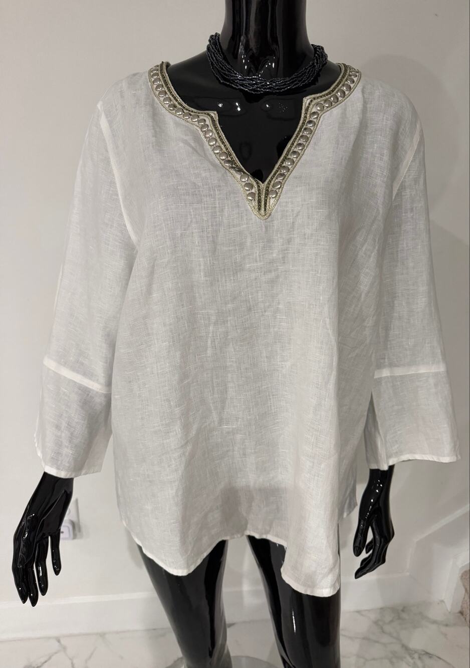 J. Jill Love Linen Tunic Top L White Embellished Beaded Neck Boho 3/4 Sleeve